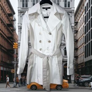 DKNY Cream Beige Belted Trench Coat Double Breasted Classic Neutral Sz Small